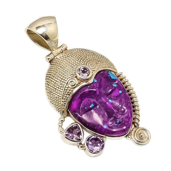 Carved Purple Turquoise Face Solid 925 Sterling Silver Pendant 2.2" (USP-183)