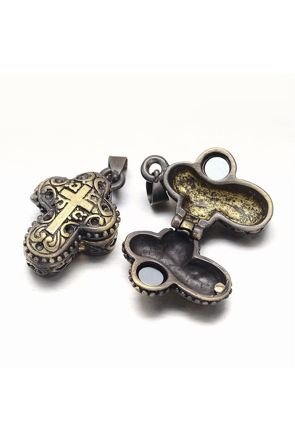 Carved Rack Plating Brass Prayer box Pendants Wish box with Magnetic Material Nickel Free Bronze 27x18x10mm Hole: 5x3mm