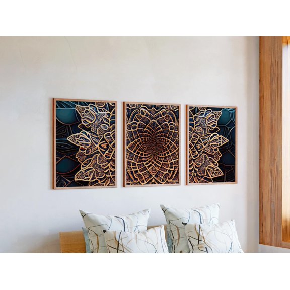 Carved Relief Sculpted Mandala Textured Calligraphy 3D Look Pattern Gallery Zen Poster, Set 3, Poster Only