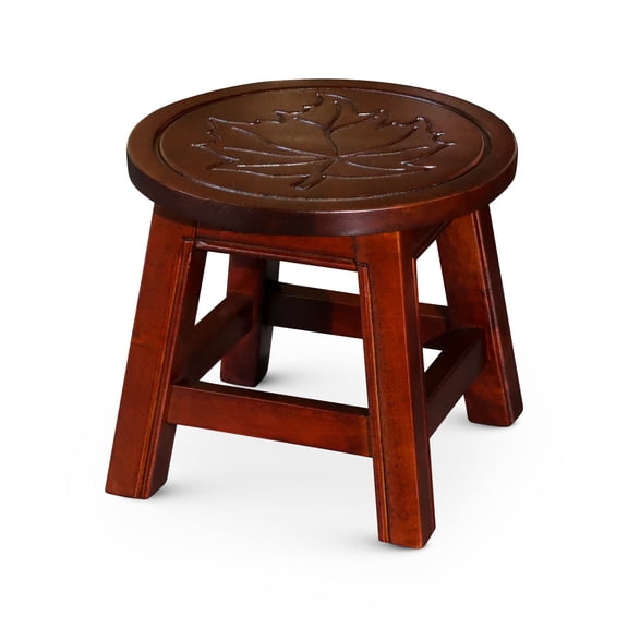 Carved Rubberwood Stool with Maple Leaf Design / Ideal for Kids' Step Stool or Decorative Ottoman