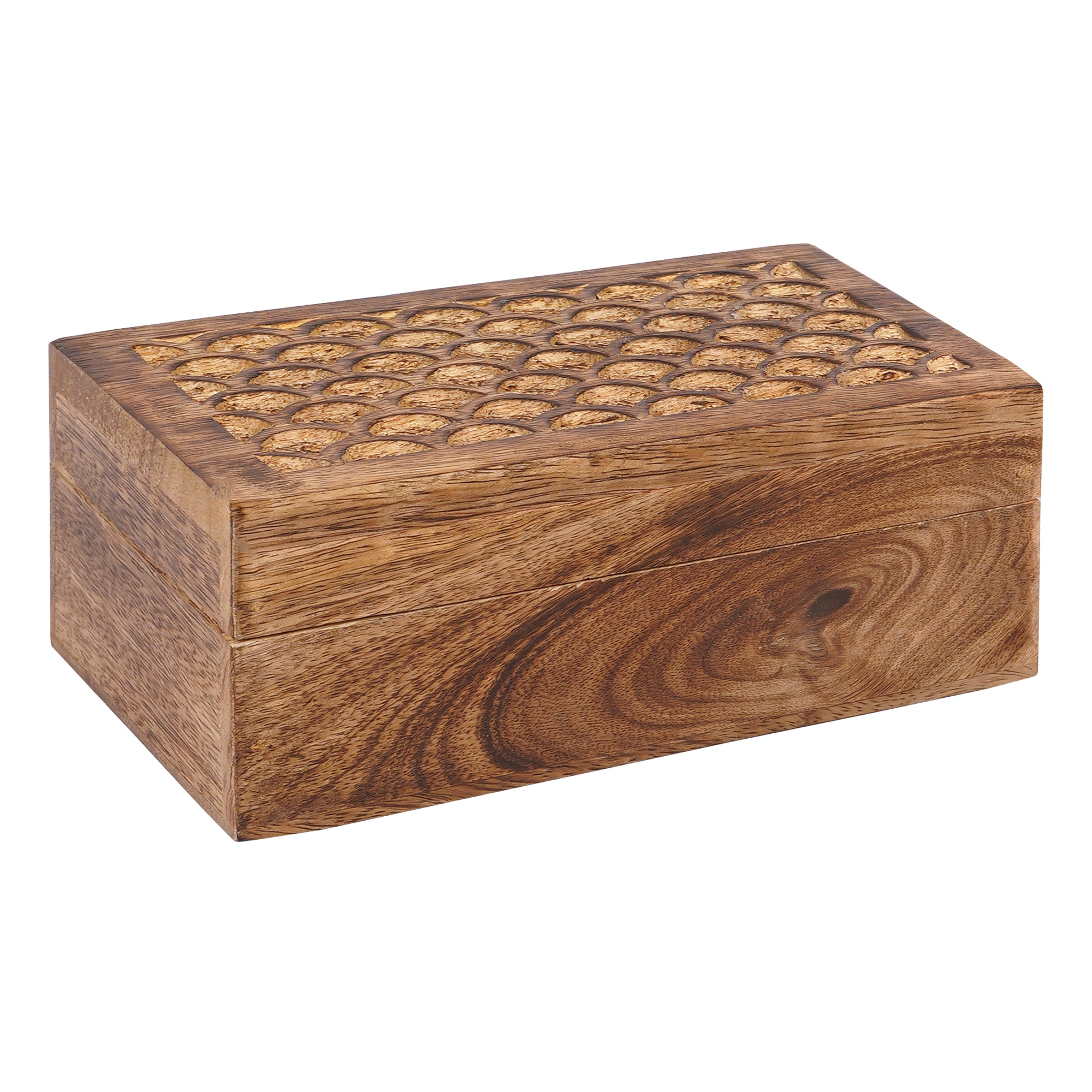 Carved Scallop Mango Wood Box with Lid, Medium Burnt Medium Wood Box, Handmade Decorative Box with Lid for Use As Memory Box, Keepsake Box, Photo Storage Box, and more, 7.5” x 4.5” x 3”