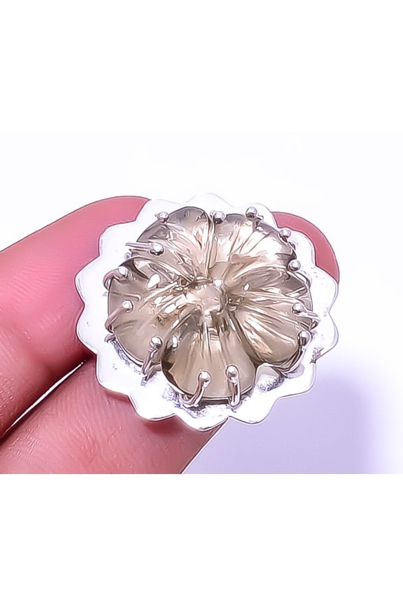 Carved Smoky Quartz 925 Sterling Silver Artisan Ring Adjst R48 A35, Gemstone Jewelry, Birthday Gift, Christmas Gift