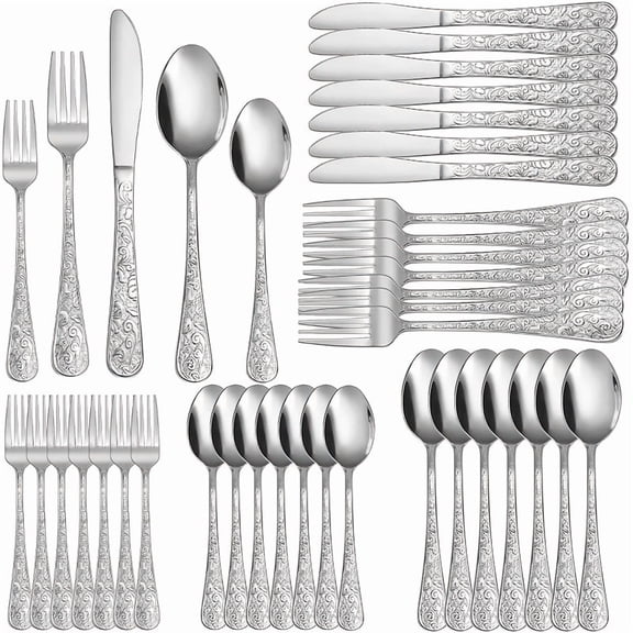 Carved Stainless Steel Cutlery Set, 40-Piece for 8, Food Grade Dishwasher Safe, Elegant Carved Handle for Home Kitchen Restaurant, Gift Recommendation