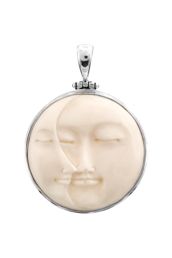 Carved Sun Crescent Moon Moonface Duo Goddess Buffalo Bone 925 Sterling Silver Pendant, 2"