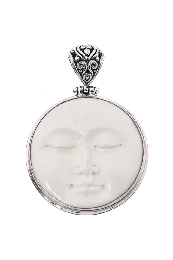 Carved Sun Moon Moonface Goddess Bison Bone 925 Sterling Silver Pendant, 1 3/4"