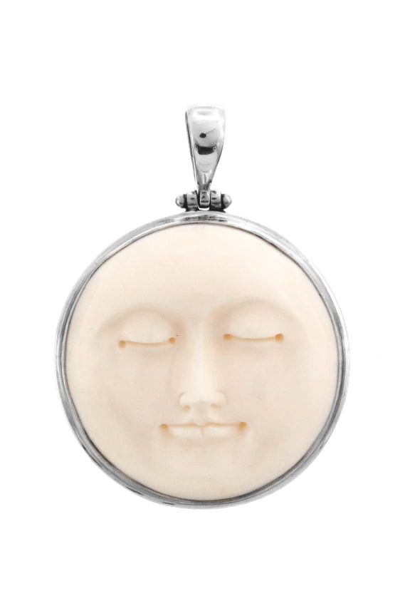 Carved Sun Moon Moonface Goddess Buffalo Bone 925 Sterling Silver Pendant, 2"