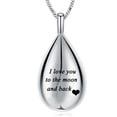thumbnail image 1 of Carved Teardrop Keepsake Ashes Necklace Urn Pendant Cremation Memorial Jewelry-Always in my heart - I love you to the moon and back, 1 of 5