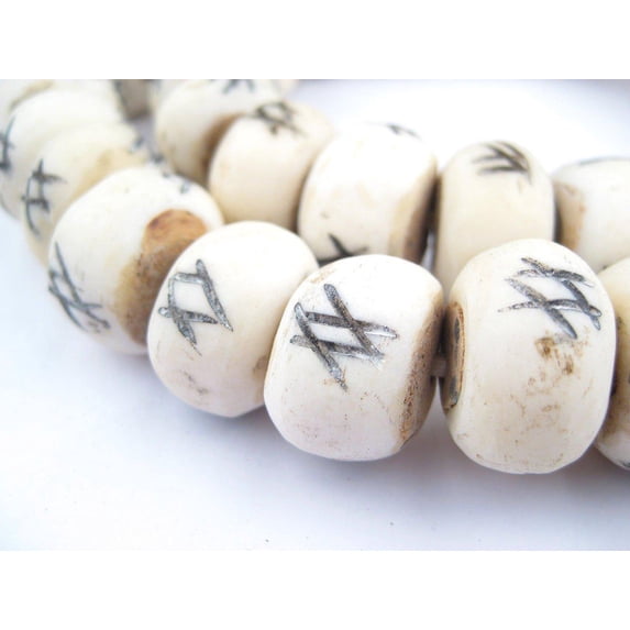 The Bead Chest Carved White Bone Beads - Full Strand of Fair Trade Artisanal African Beads (Tic-Tac-Toe)