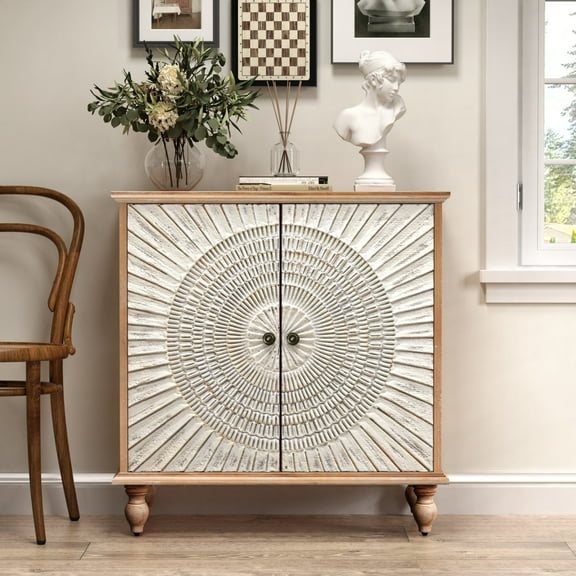 Carved Wood Accent Cabinet with 2 Doors, Mid-Century Sideboard with Storage, Vintage Textured Decorative Credenza, Modern Cabinet for Living Room, Entryway or Hallway