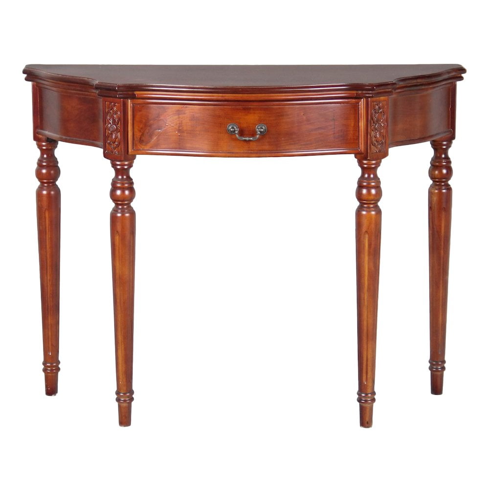 Windsor Elegance Walnut Stain Hand-Carved Demilune Console Table with Storage