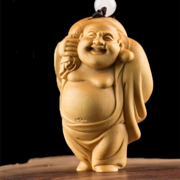 Carved Wood Maitreya Buddha Figurine Pocket Size Wooden Amulet Handheld Statue Home Car Decor Spiritual Ornament