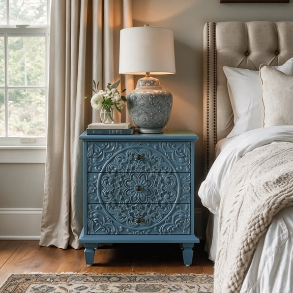 Carved Wood Nightstand with 3 Drawers, Vintage Scrollwork Embossed Accent Chest, Farmhouse Storage Cabinet Side End Table for Bedroom Living Room