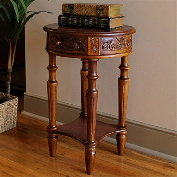 Windsor Carved Wood Round Table with Drawer - Walnut