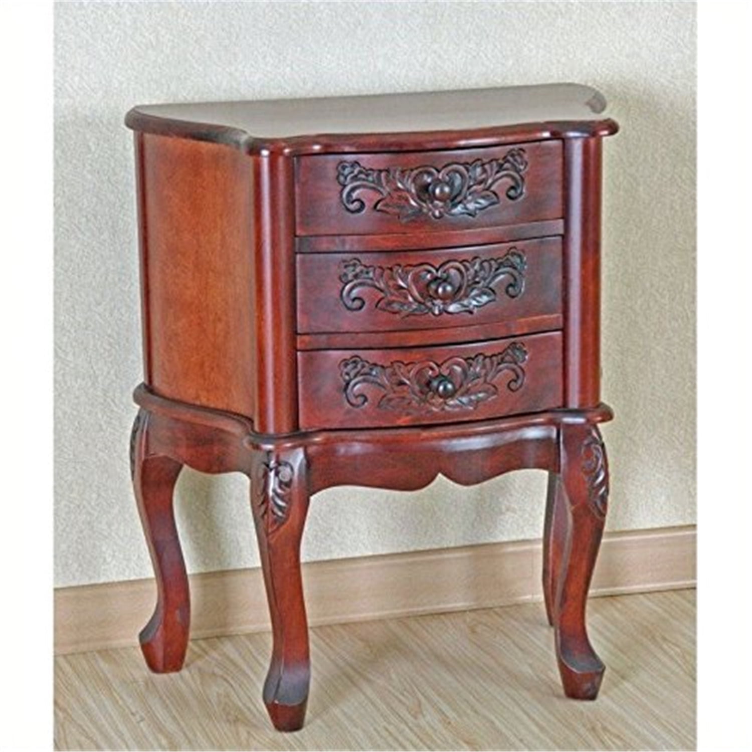 International Caravan Carved Wood Three Drawer Scalloped Night Stand International Caravan Carved Wood Three Drawer Scalloped Night Stand