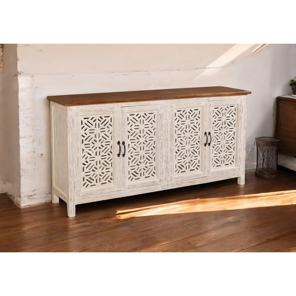 Carved Wooden Big Sideboard Distressed White Finish Ample Storage, 4 Doors Intricate Geometric Net Carvings, Mango Wood Living Dining Room