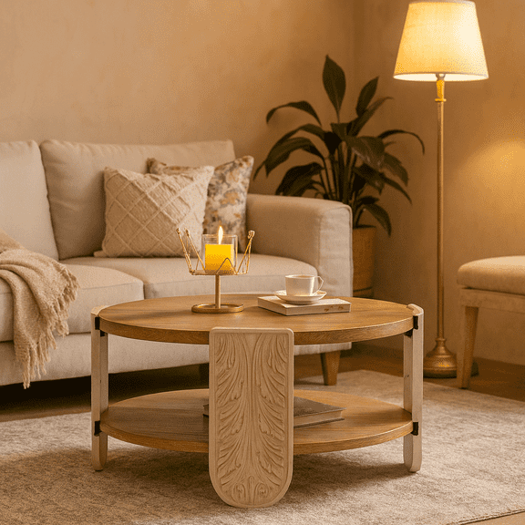 Carved Wooden Coffee Table, Retro End Table with Double-Layer Storage, Small Side Table for Living Room, Palace Style Bedside Table for Small Spaces