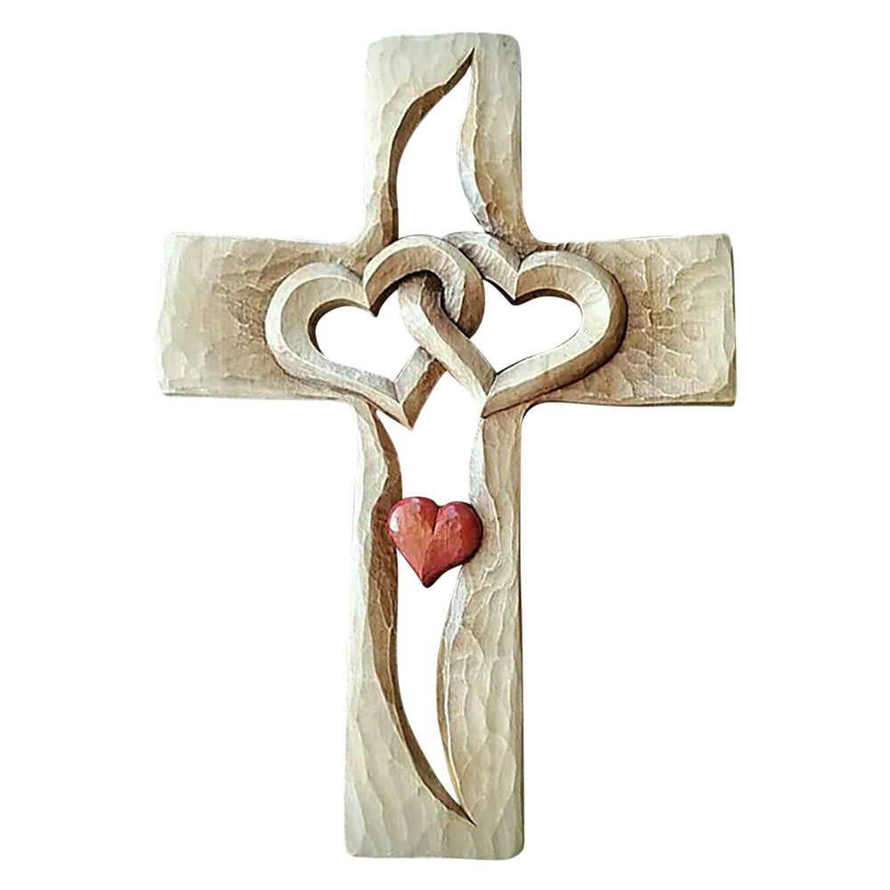 Norbi Carved Wooden Cross with Intertwined Hearts, Wall Cross