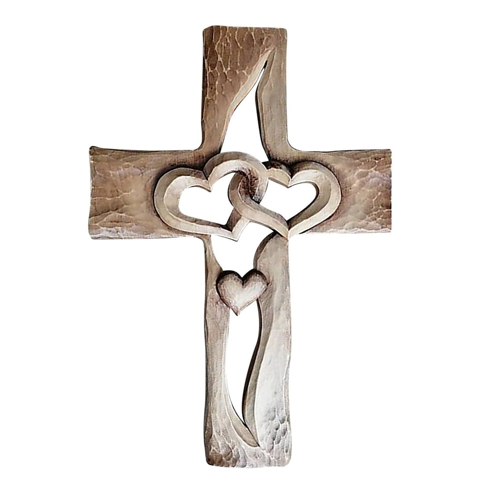 Carved Wooden Cross Intertwined Hearts, Wooden Love Cross, Wall