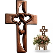 CNV Carved Wooden Intertwined Hearts Cross Wall Plaque, Beige