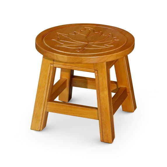 Carved Wooden Step Stool with Maple Leaf Pattern,Round 11"W Versatile Wood Short Stool with Footrest,Indoor Foot Stool for Kitchen Living Room Bedroom Bathroom, No Assembly Needed,Natural