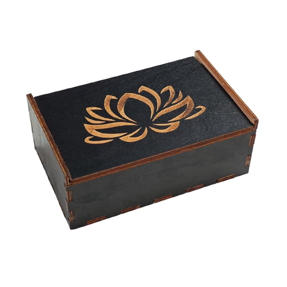 Wooden Storage Box with Assorted Sacred Geometry Patterns, Black Wiccan Altar Box for Jewelry & Tarot Cards, 5.23" x 3.54" x 2.17"