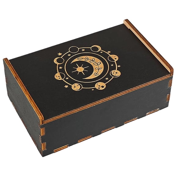 Carved Wooden Storage Box with Assorted Sacred Geometry Patterns, Black Wiccan Altar Box for Jewelry & Tarot Cards, 5.23" x 3.54" x 2.17"