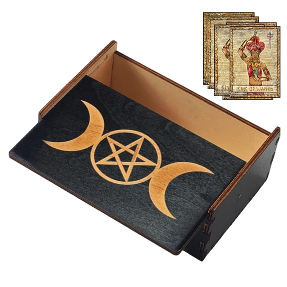 Carved Wooden Storage Box with Assorted Sacred Geometry Patterns, Black Wiccan Altar Box for Jewelry & Tarot Cards, 5.23" x 3.54" x 2.17"