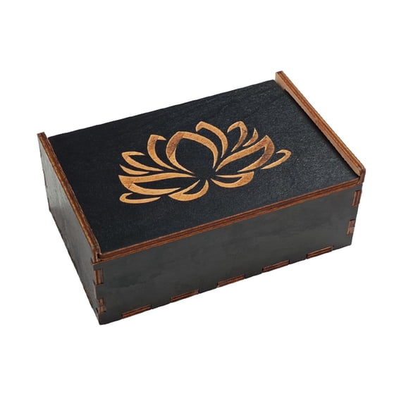 Carved Wooden Storage Box with Assorted Sacred Geometry Patterns, Black Wiccan Altar Box for Jewelry & Tarot Cards, 5.23" x 3.54" x 2.17"