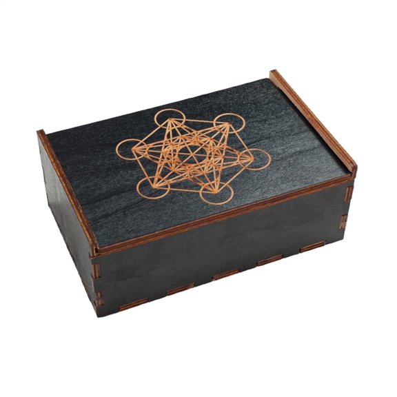 Carved Wooden Storage Box with Assorted Sacred Geometry Patterns, Black Wiccan Altar Box for Jewelry & Tarot Cards, 5.23" x 3.54" x 2.17"