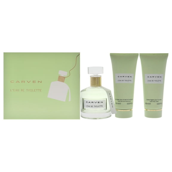 LEau De Toilette by Carven for Women - 3 Pc Gift Set 3.33oz EDT Spray, 3.33oz Light Body Cream, 3.33oz Ligth Bath and Shower Gel