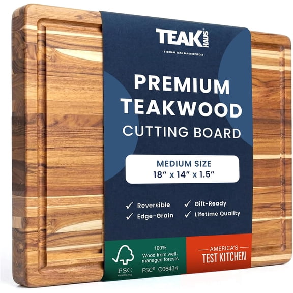 Carving Board with Juice Groove Medium Teak Wood 18 Inch L x 14 Inch W x 1 Inch Thick