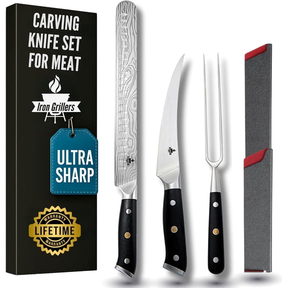 Carving Knife Set for Meat, Brisket & BBQ - 12" Slicing Knife, 6" Boning Fork Effortless Meat Cutting Razor Sharp rman Steel, Full Tang Ergonomic Dual Sheaths Included