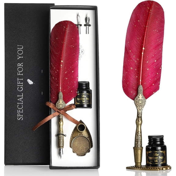 Carving Pen Set, Glittering Quill Pen Set Antique Calligraphy Writing Dip Pen with Ink, 2 Replacement Nibs, Pen Stand Base, Luxury Signature Pen (Red)