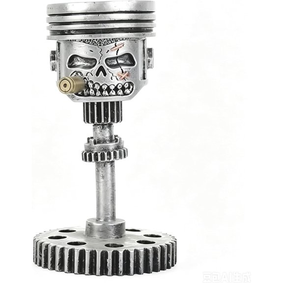Silver Carved Piston Skull Face Sculpture, Vintage Industrial Resin Desktop Tabletop Decor Statue