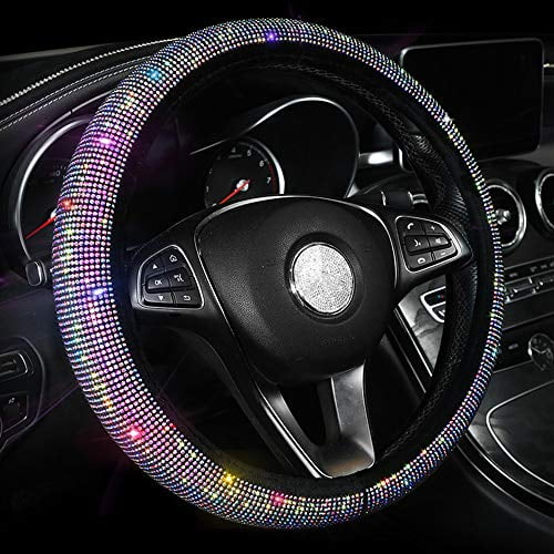 Carwales Car Bling Steering Wheel Cover for Women Girls 15 Inch Universal Colorful Crystal Rhinestone Diamond Rainbow Bling Accessories Anti Slip