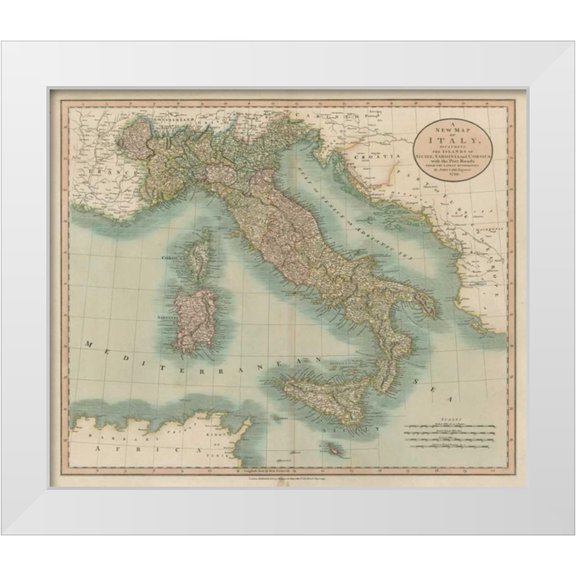 Cary, John 14x12 White Modern Wood Framed Museum Art Print Titled - Vintage Map of Italy