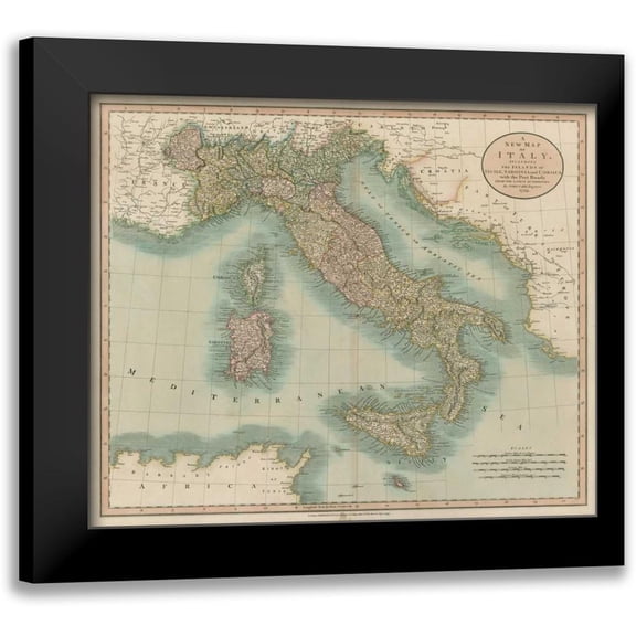 Cary, John 23x20 Black Modern Framed Museum Art Print Titled - Vintage Map of Italy