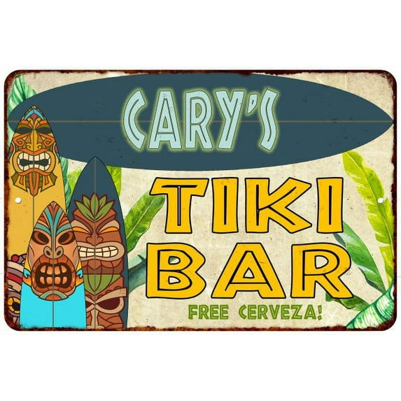 Cary's TIKI BAR Sign Island Beach Ocean Metal Tin Metal Wall Decor 8 x 12 Matte Finish Metal 108120058071