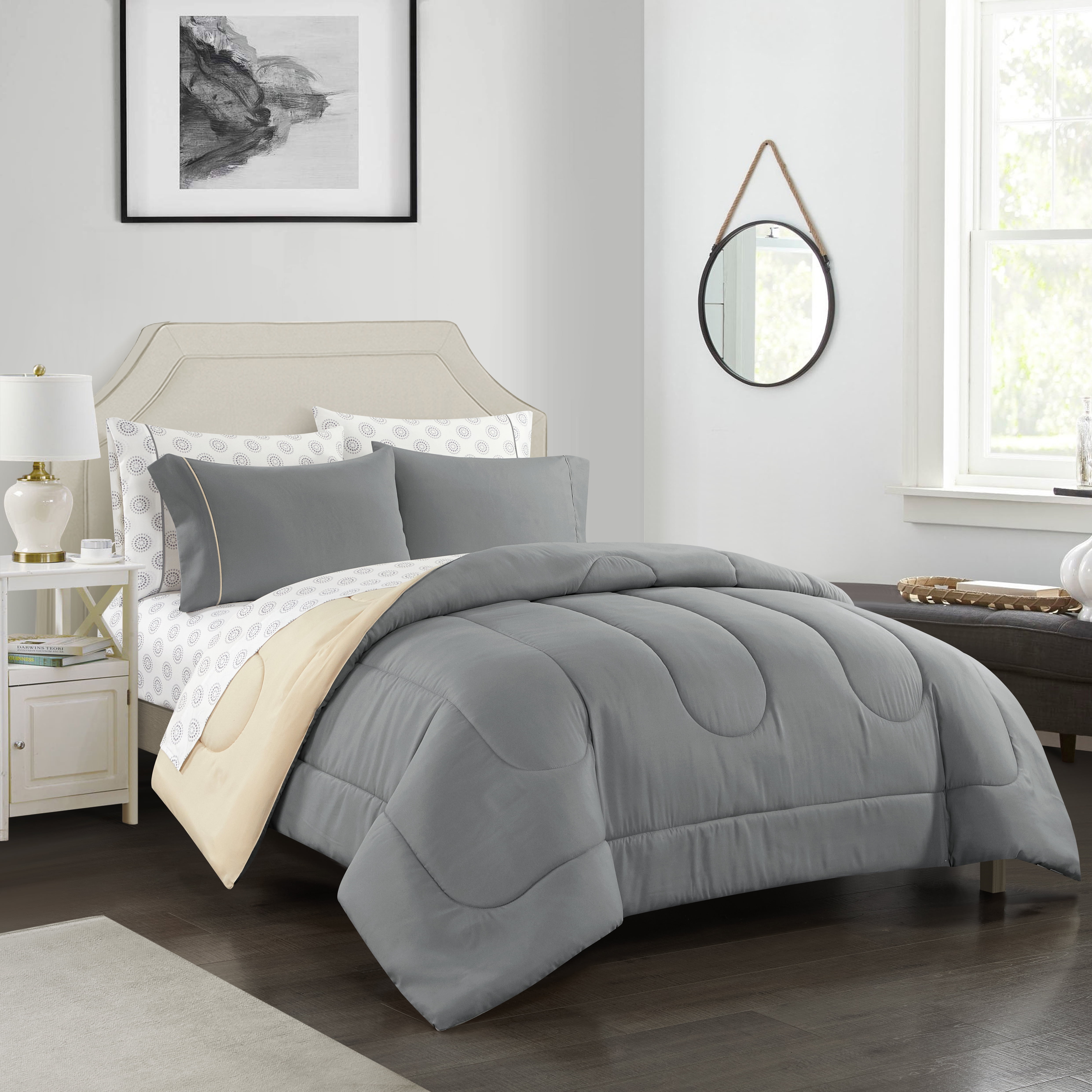 Casa 7-Piece Solid Reversible Comforter Set With BONUS Sheets, Charcoal, Full