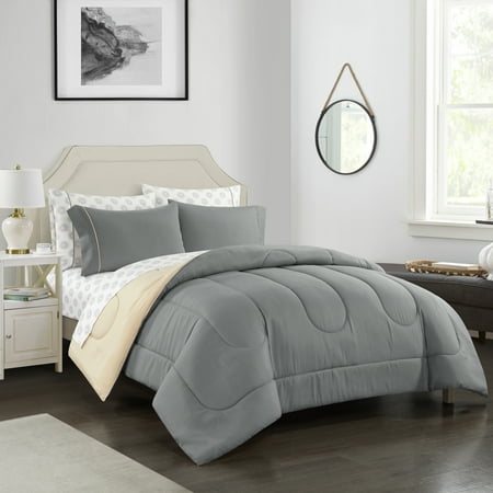 Casa 7-Piece Solid Reversible Comforter Set With BONUS Sheets, Charcoal, Full