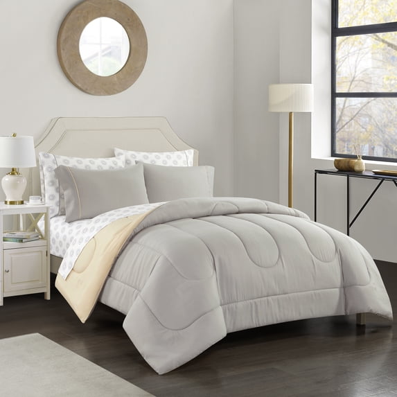 Casa 7-Piece Solid Reversible Comforter Set With BONUS Sheets , Light Grey, Queen