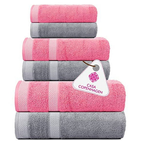 Casa Copenhagen Designed in Denmark 600 GSM 2 Large Bath Towels 2 Large Hand Towels 2 Washcloths, Super Soft Egyptian Cotton 6 Towels Set for Bathroom, Kitchen & Shower - LT. Grey + Pink