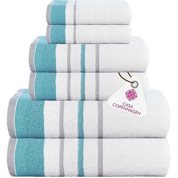 Casa Copenhagen White Bay, 6 Pieces Towel Set- White with Blue-Green and Grey Border, 600 GSM, 2Bath, 2Hands, 2Washcloths Egyptian Cotton Towel for Hotel Spa Kitchen Bathroom Kitchen & Shower