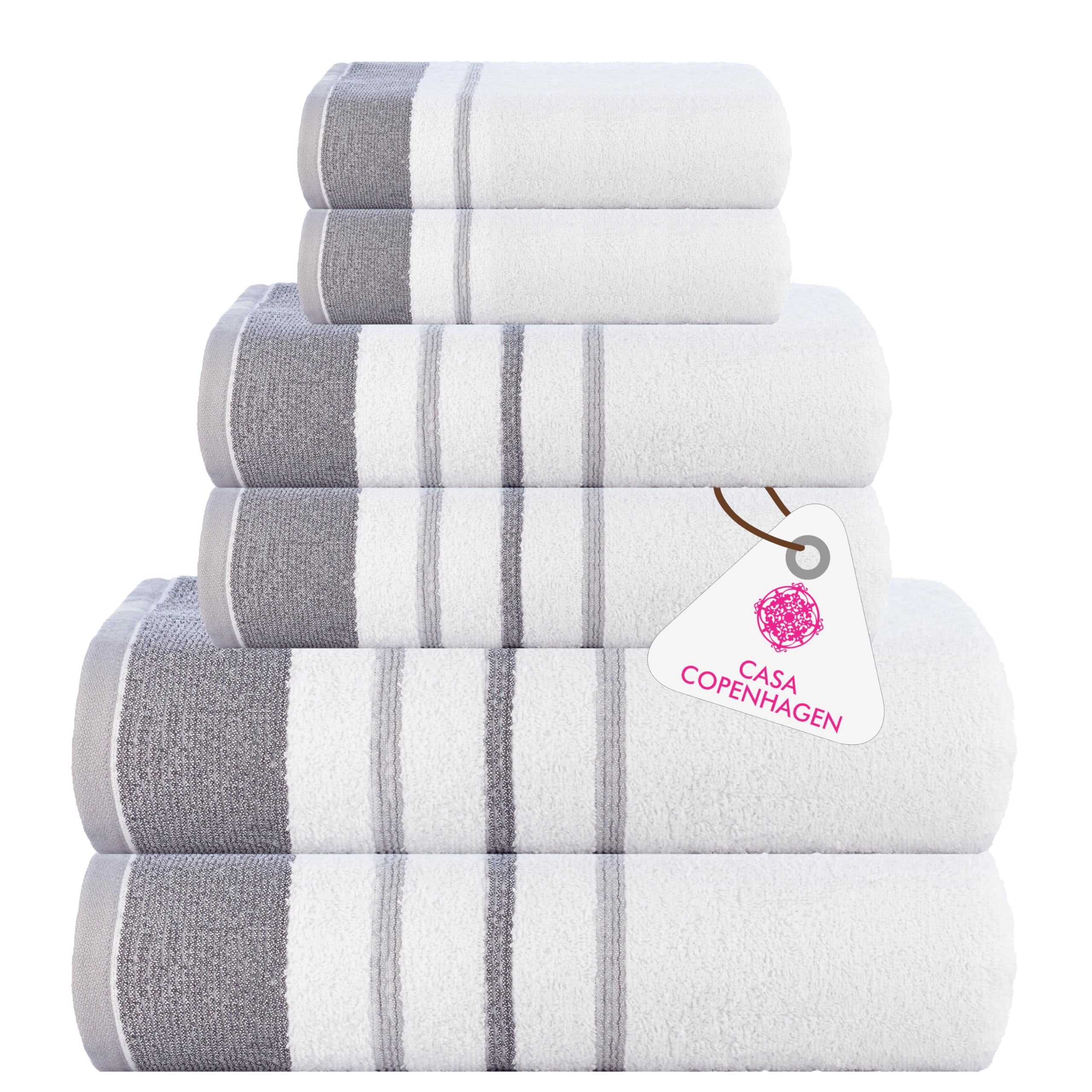 Casa Copenhagen White Bay, 6 Pieces Towel Set- White with Dark Grey Light Grey Border, 600 GSM, 2Bath, 2Hands, 2Washcloths Egyptian Cotton Towel for Hotel Spa Kitchen Bathroom Kitchen & Shower