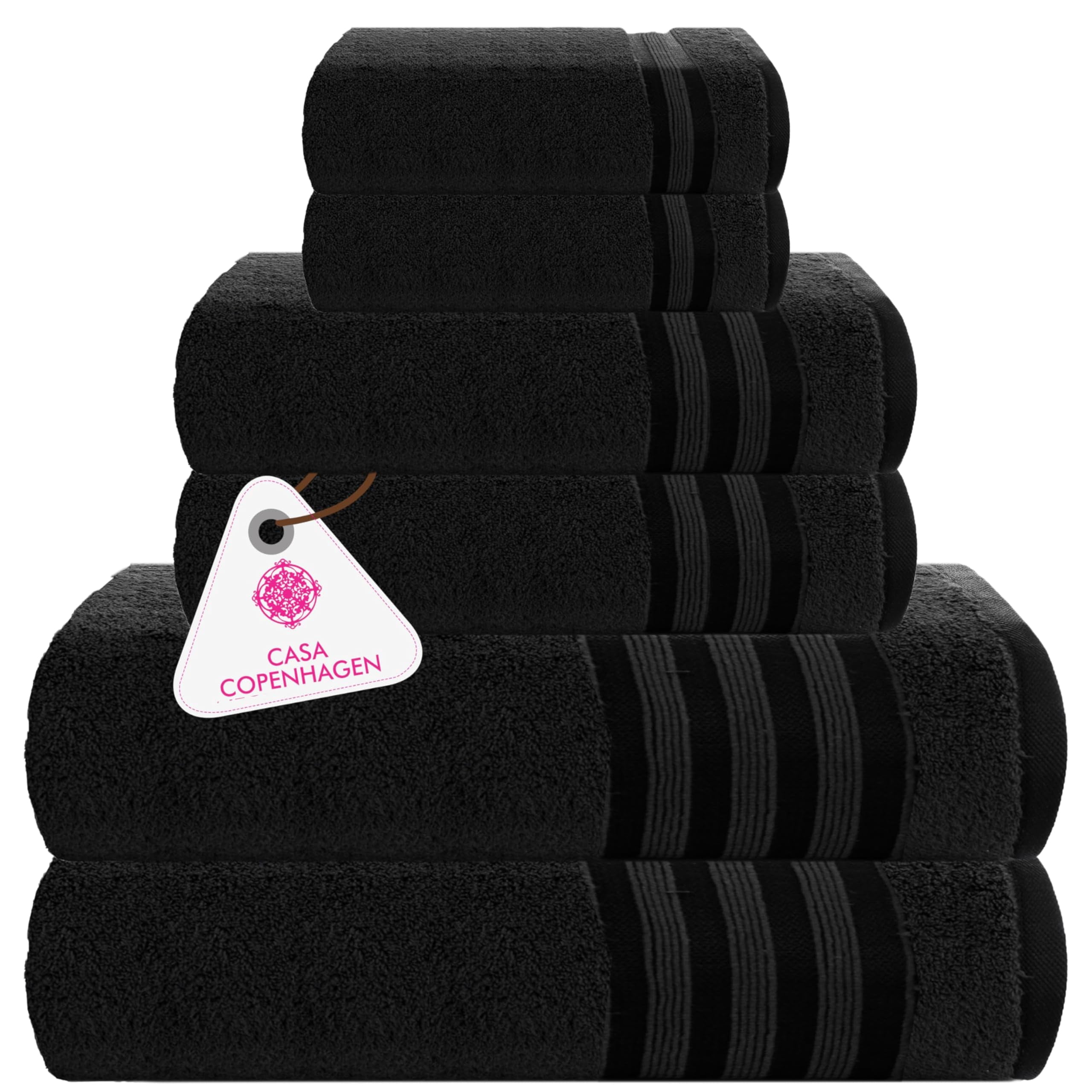 Casa Copenhagen Zero Twist, 6Pieces 100% Cotton Towel Set- Black, 600 GSM, 2Bath, 2Hand, 2Washcloths made from Egyptian Cotton, Ultra Soft Luxury Towels for Hotel Spa Kitchen Bathroom & Shower