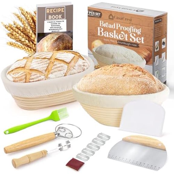 Casa Crest Sourdough Bread Baking Kit - Includes 1 Oval and 1 Round Banneton Basket for Proofing and Rising, Bowl Scraper, Cookbook, Liners, and Tools - Accessories and Supplies for Adults