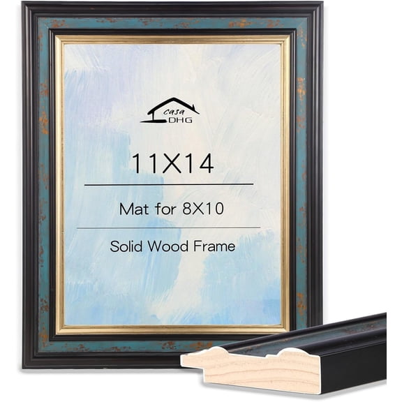 Casa DHG 11x14 Vintage Picture Frame with Glass, Wooden Photo Frame, Retro Design 11 x 14 Vintage Frames for Home and Office, Home & Wedding Decor, Blue