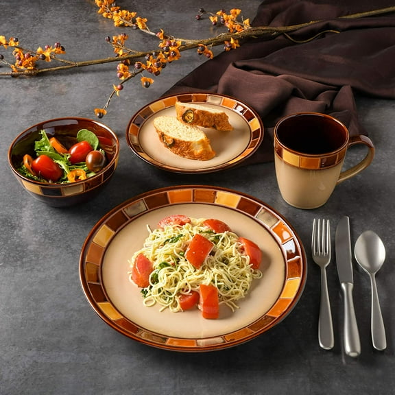 Casa Estebana 16-Piece Dinnerware Set, Service for 4 – Beige and Brown Stoneware Plates and Bowls
