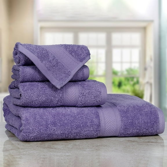 Casa Lino 4Pc Premium Bath Towel Set (1 Bath Towel, 2 Washcloths, 1 Hand Towel) - 100% Cotton, 400GSM & Ultra Absorbent - Purple