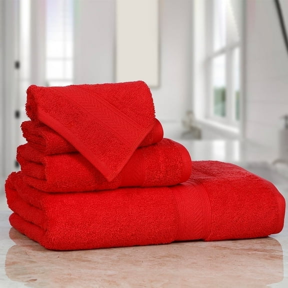 Casa Lino 4Pc Premium Bath Towel Set (1 Bath Towel, 2 Washcloths, 1 Hand Towel) - 100% Cotton, 400GSM & Ultra Absorbent (Red)